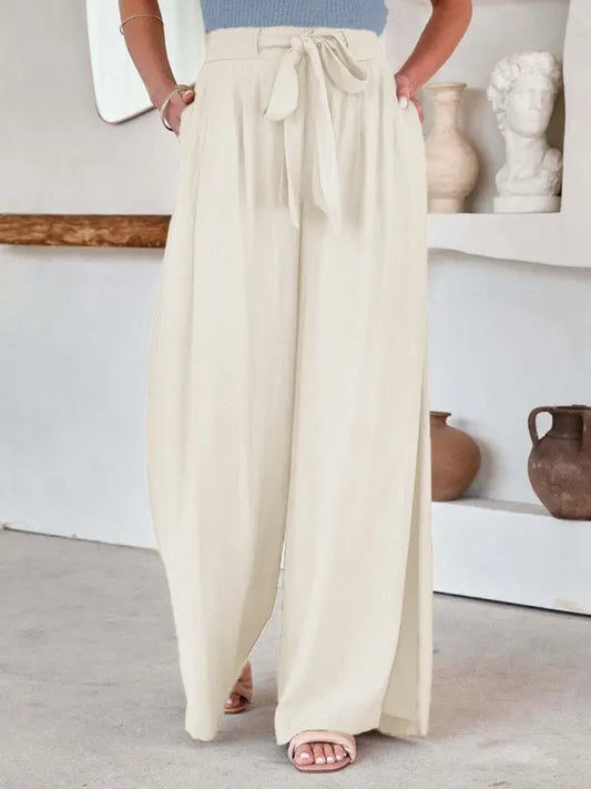 Women's Solid Color Drawstring Knot Wide Leg Trousers kakaclo