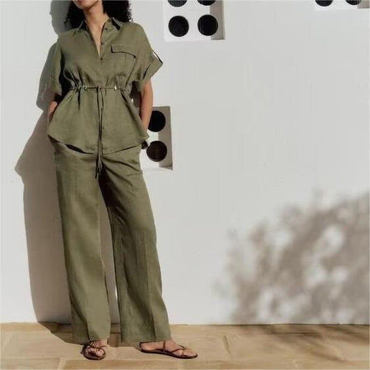 Linen Adjustable Waist Shirt Straight Leg Pants Suit Shell