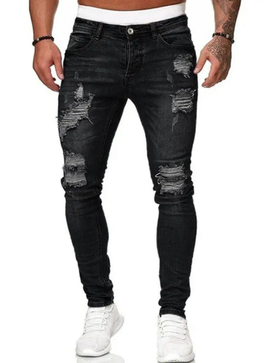 Men's Solid Color Ripped Stretch Skinny Distressed Jeans kakaclo
