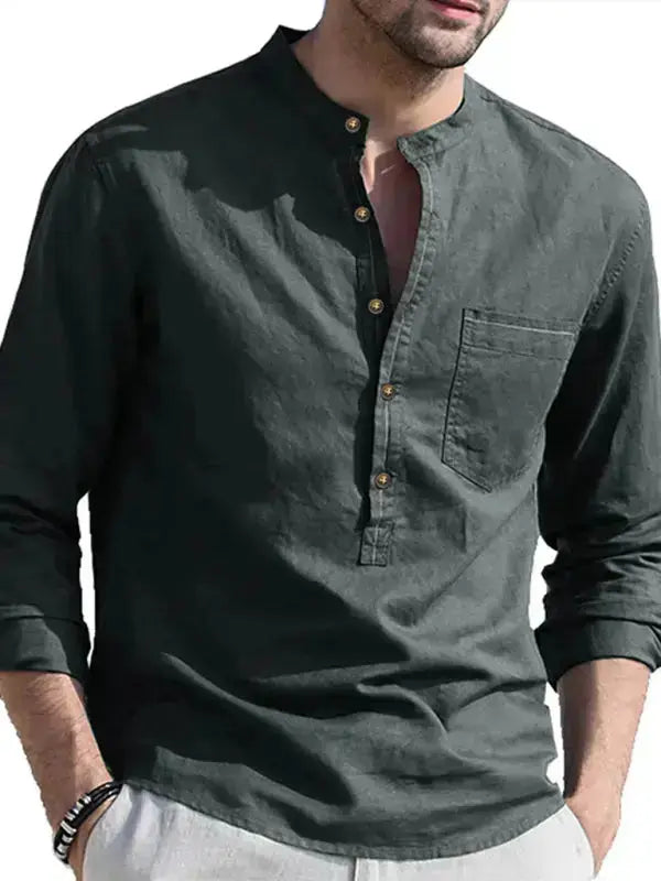Men's woven solid color long-sleeved cotton and linen shirt kakaclo