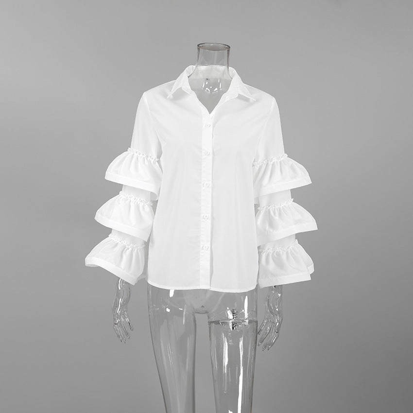 Bianco Arruffato Manica lunga Elegante Donna Camicia Autunno FOREVEREIGHTEEN