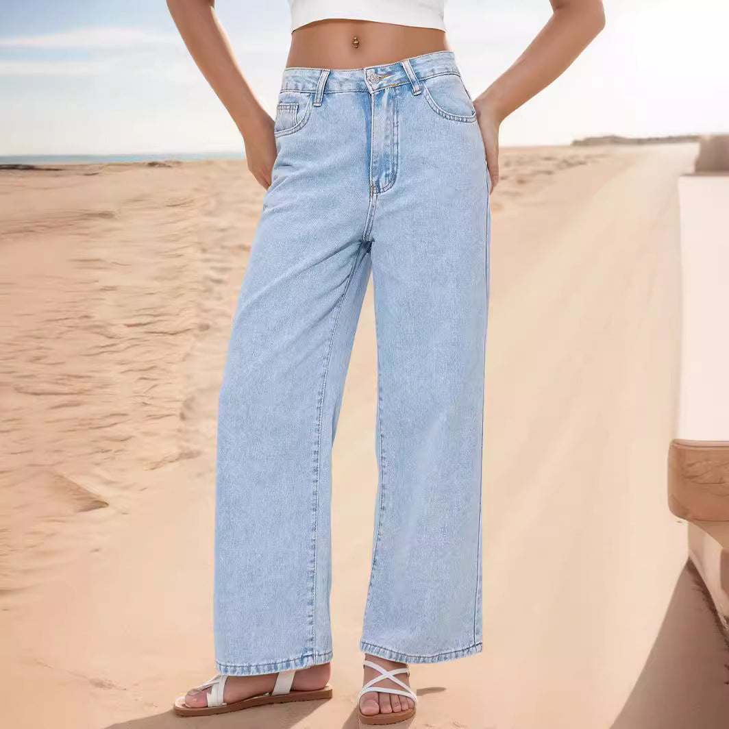 Pantaloni Dritti Larghi A Vita Alta In Denim Jeans Donna JinRen