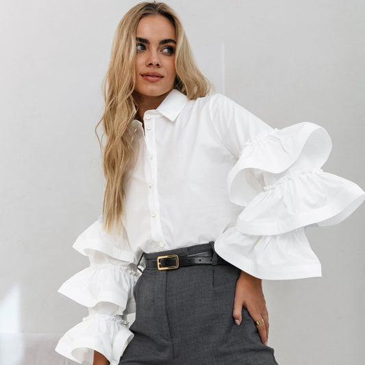 Bianco Arruffato Manica lunga Elegante Donna Camicia Autunno FOREVEREIGHTEEN