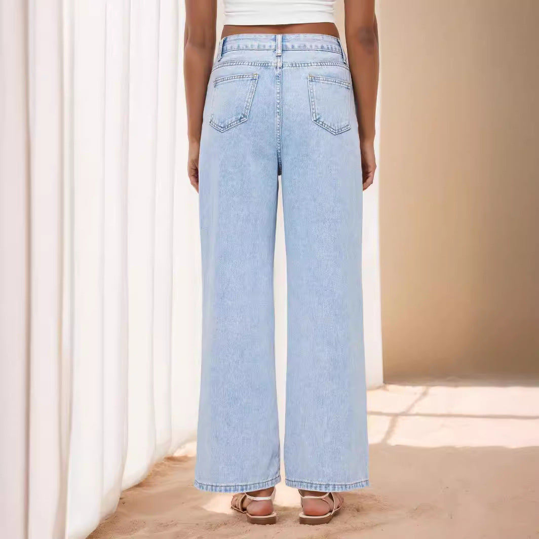 Pantaloni Dritti Larghi A Vita Alta In Denim Jeans Donna JinRen