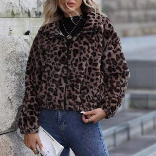 Flash Velvet Women Clothing Autumn Winter Loose Zip Long Sleeve Leopard Print Plush Coat Shine Life