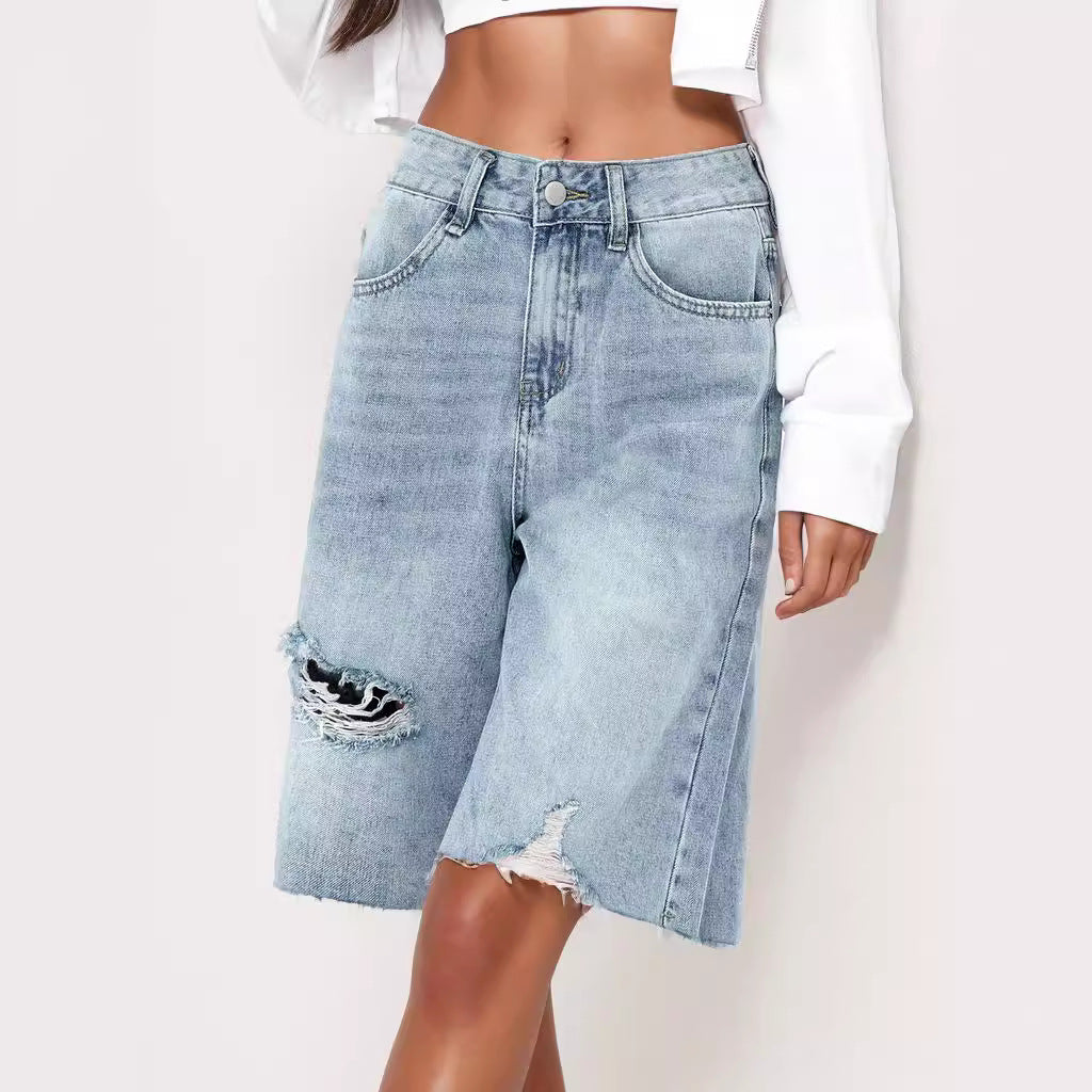 Women Distressed Loose Raw Hem Cropped Pants JinRen