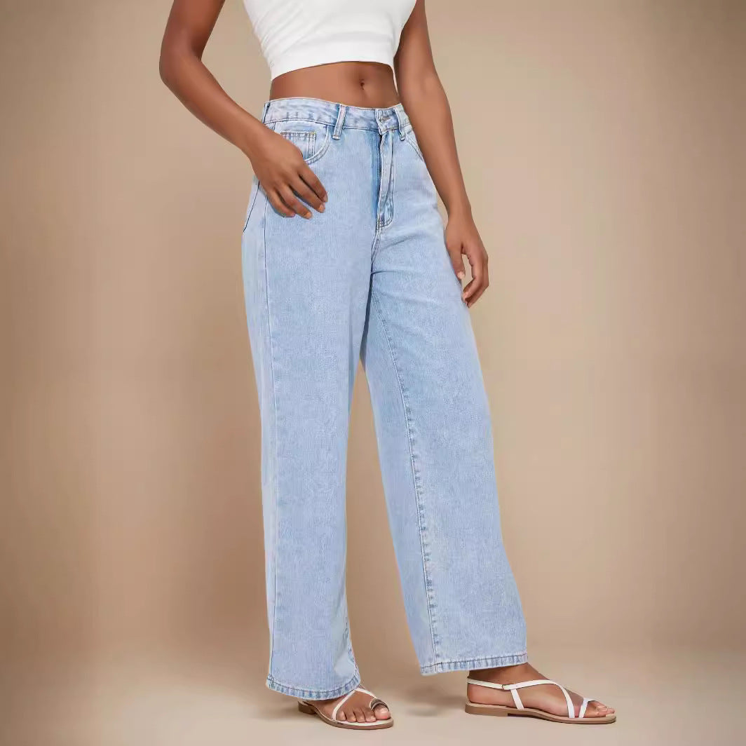 Pantaloni Dritti Larghi A Vita Alta In Denim Jeans Donna JinRen