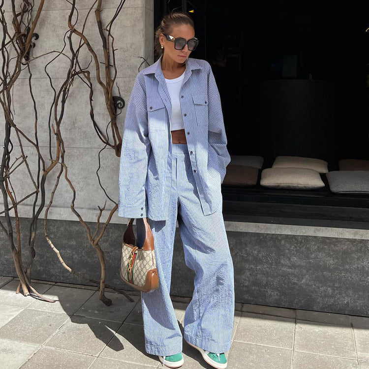 Shirt Long Sleeve Wide Leg Pants Suit Loose Women Clothing Kigali