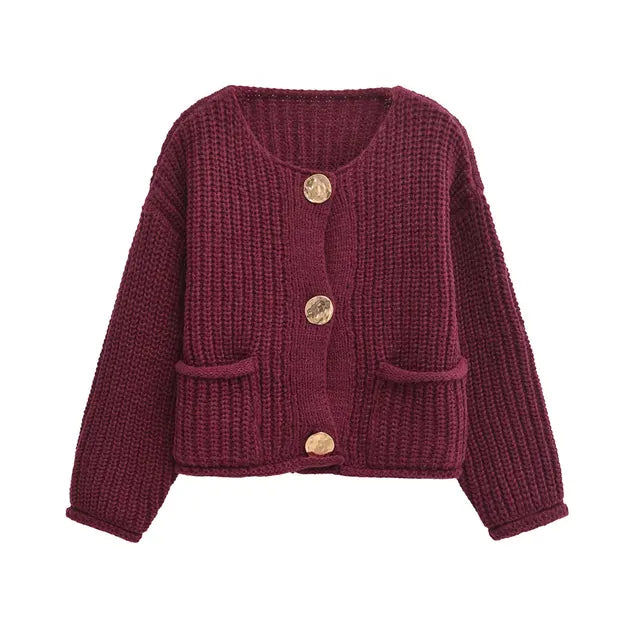 TRAF Women Fashion Front Patch Pockets Golden Buttons Knit Cardigan Sweater O Neck Long Sleeve Female Outerwear Chic Tops eprolo