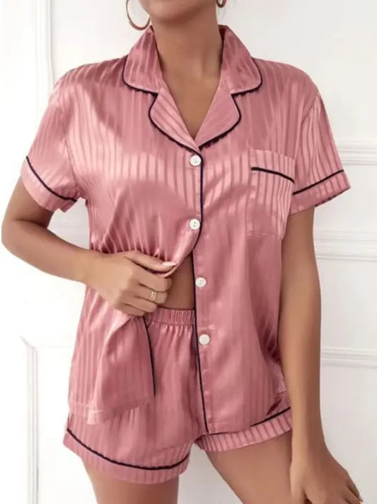 Women's Striped Cropped Shirt + Shorts Pajama Set kakaclo