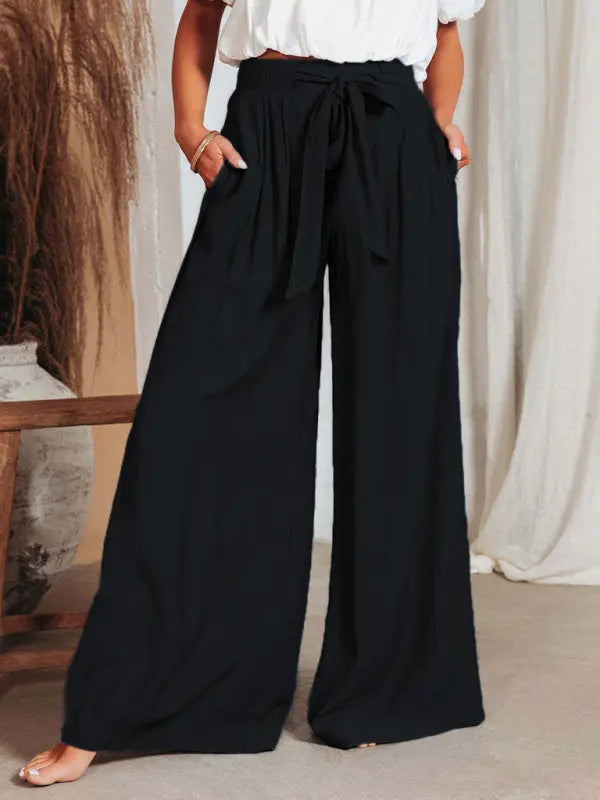 Women's Solid Color Drawstring Knot Wide Leg Trousers kakaclo