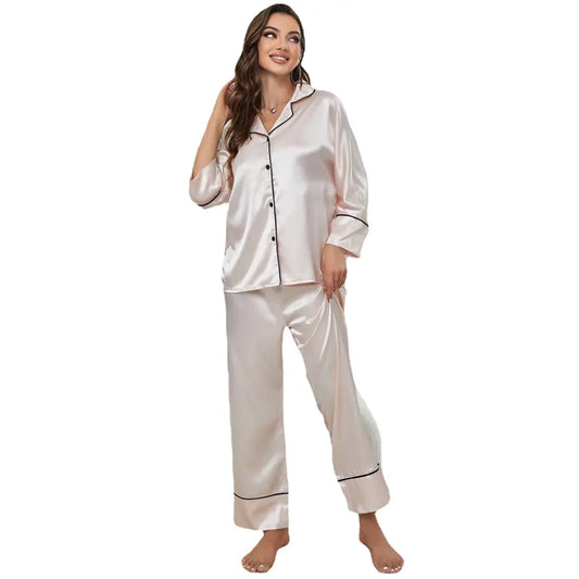 Women's color-blocking imitation silk long-sleeve pajama sets kakaclo