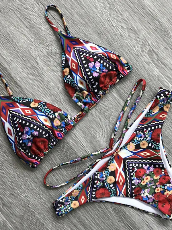 Women's floral multi-rope hollow tie split bikini swimsuit kakaclo
