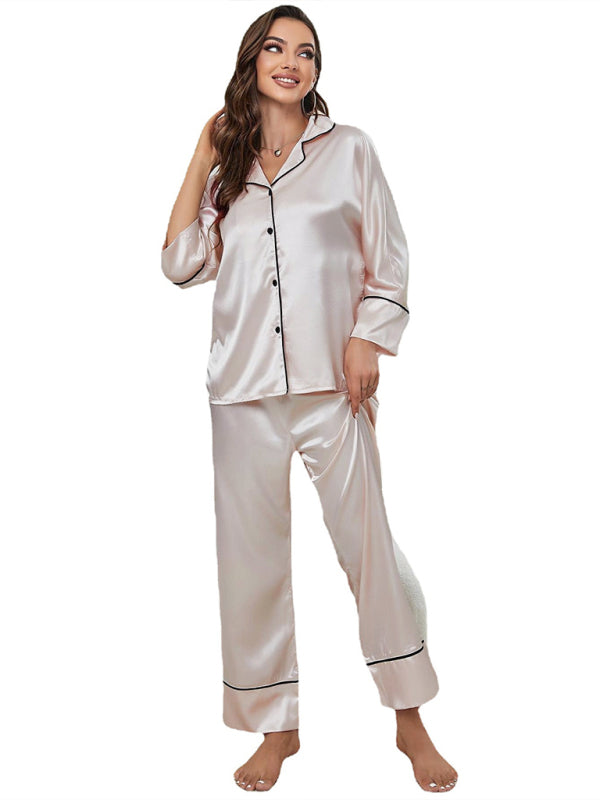 Women's color-blocking imitation silk long-sleeve pajama sets kakaclo