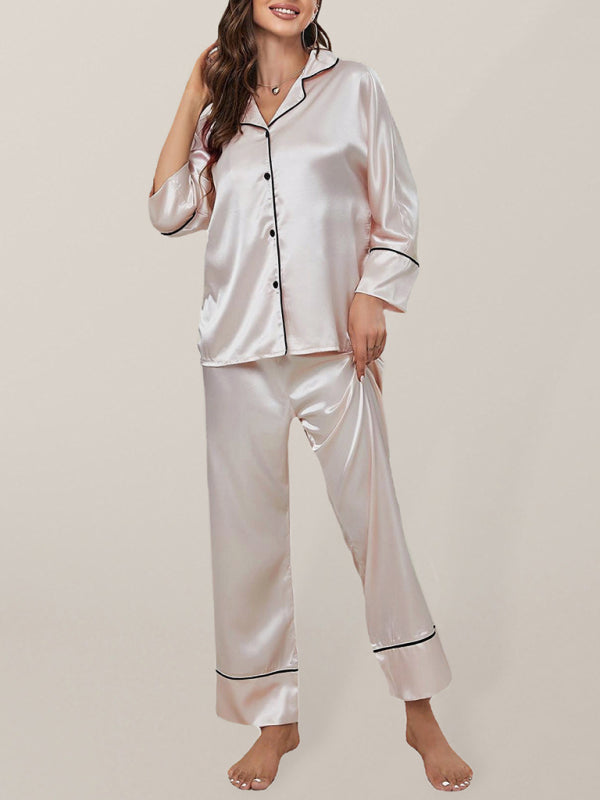 Women's color-blocking imitation silk long-sleeve pajama sets kakaclo