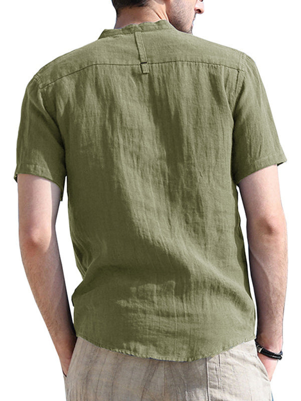 Men's woven solid color short-sleeved cotton and linen shirt kakaclo