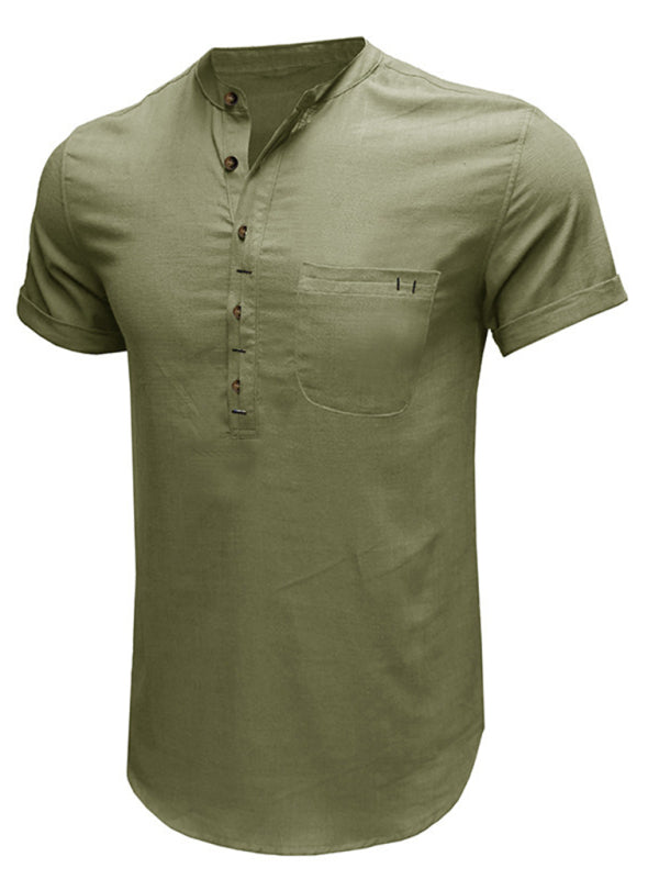 Men's woven solid color short-sleeved cotton and linen shirt kakaclo