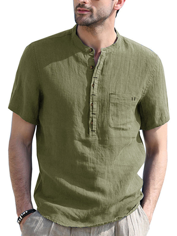 Men's woven solid color short-sleeved cotton and linen shirt kakaclo