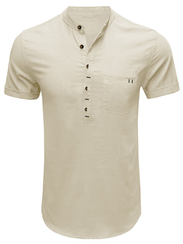 Men's woven solid color short-sleeved cotton and linen shirt kakaclo