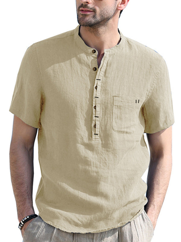 Men's woven solid color short-sleeved cotton and linen shirt kakaclo