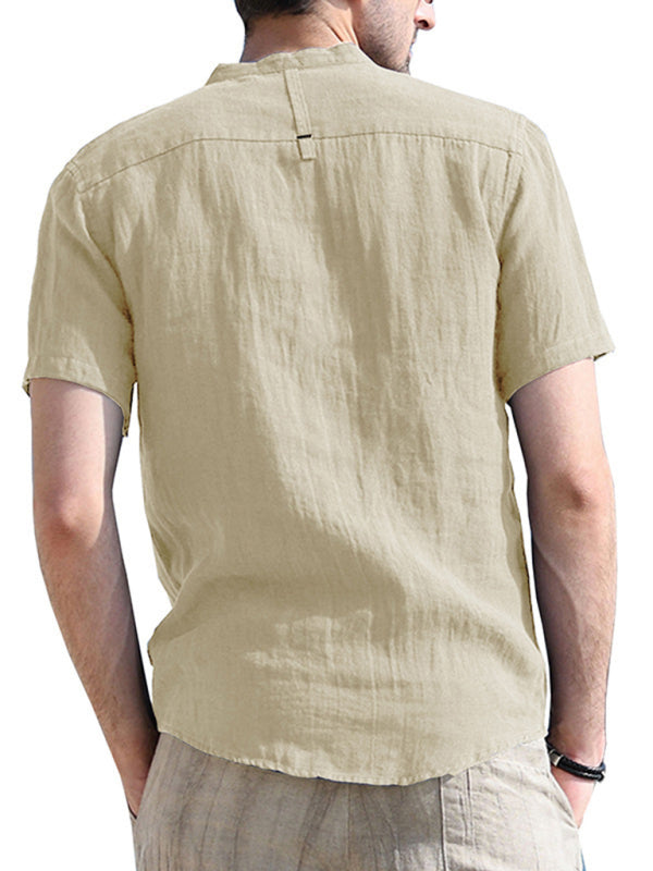 Men's woven solid color short-sleeved cotton and linen shirt kakaclo