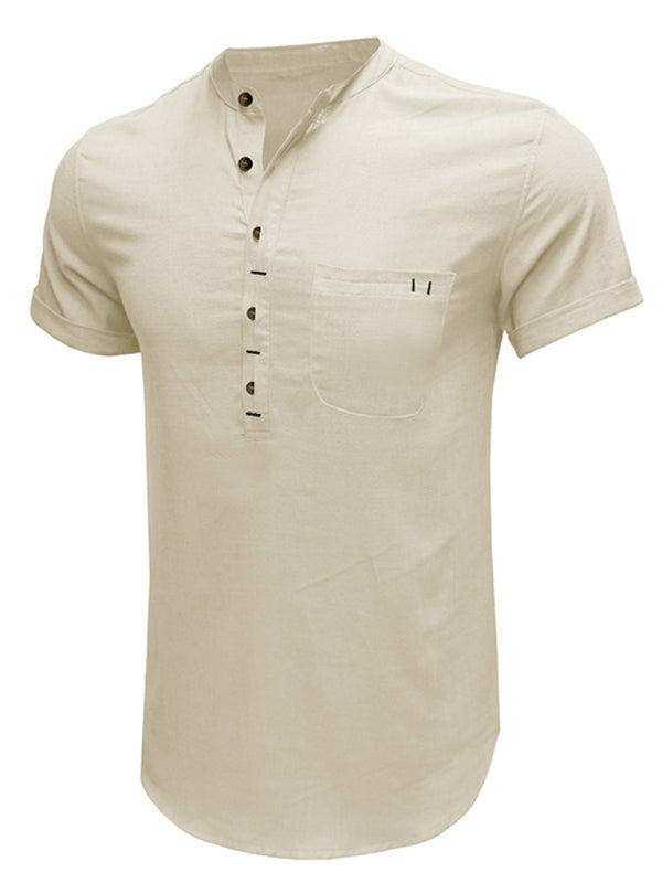 Men's woven solid color short-sleeved cotton and linen shirt kakaclo