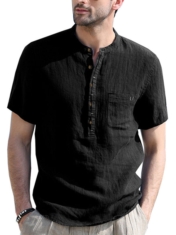 Men's woven solid color short-sleeved cotton and linen shirt kakaclo