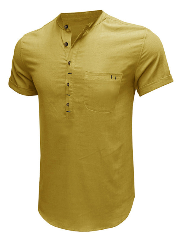 Men's woven solid color short-sleeved cotton and linen shirt kakaclo