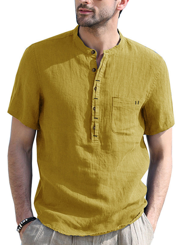 Men's woven solid color short-sleeved cotton and linen shirt kakaclo