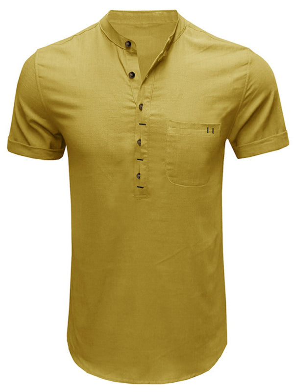 Men's woven solid color short-sleeved cotton and linen shirt kakaclo