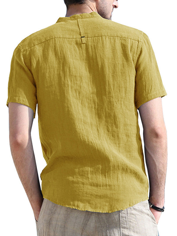 Men's woven solid color short-sleeved cotton and linen shirt kakaclo