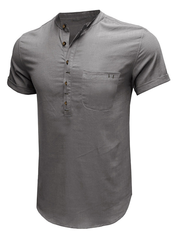 Men's woven solid color short-sleeved cotton and linen shirt kakaclo