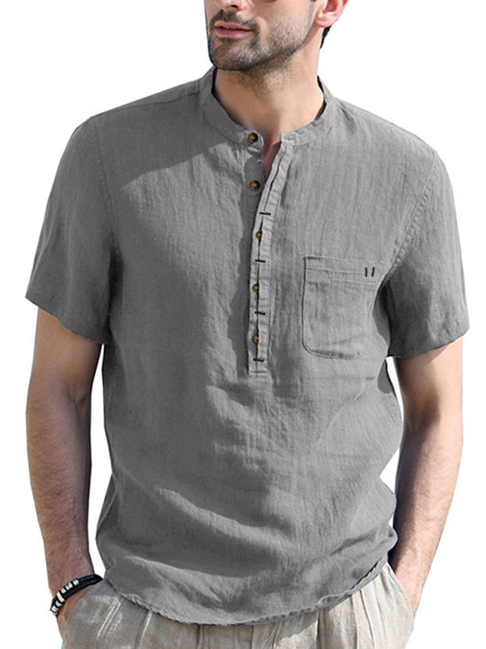 Men's woven solid color short-sleeved cotton and linen shirt kakaclo