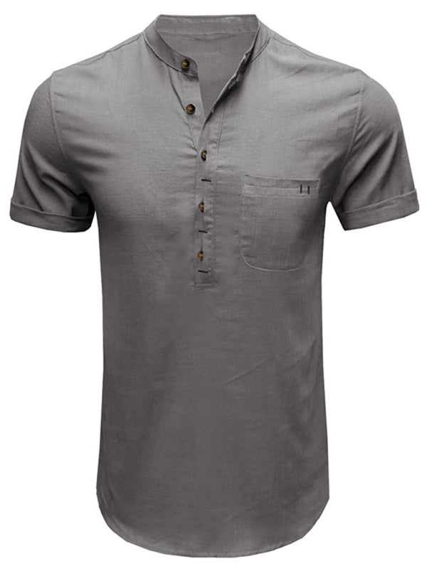 Men's woven solid color short-sleeved cotton and linen shirt kakaclo