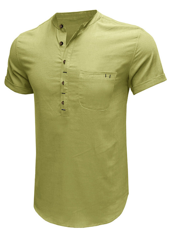 Men's woven solid color short-sleeved cotton and linen shirt kakaclo