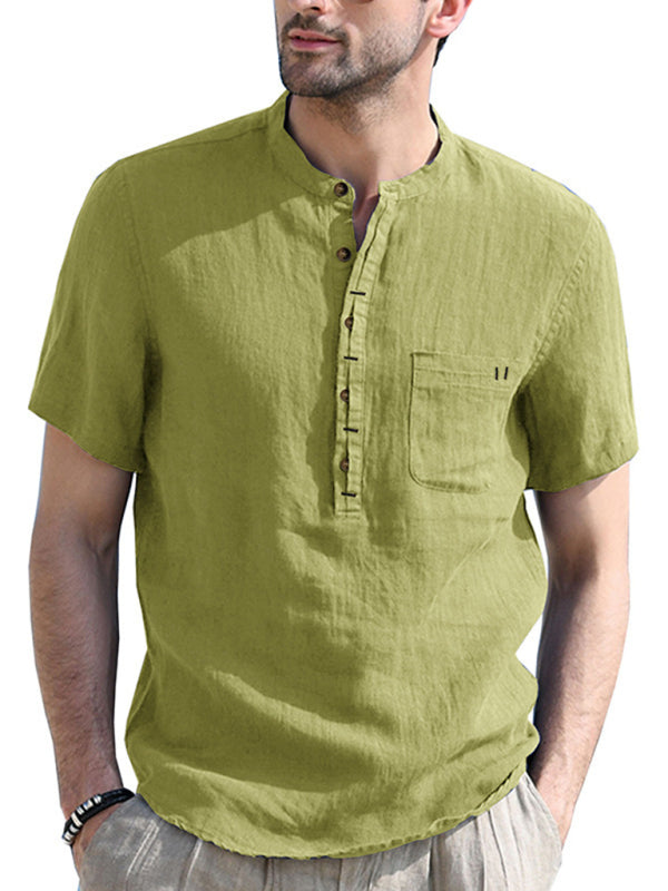 Men's woven solid color short-sleeved cotton and linen shirt kakaclo