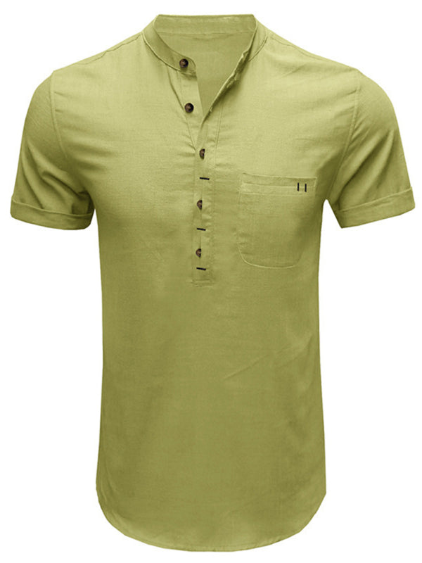 Men's woven solid color short-sleeved cotton and linen shirt kakaclo