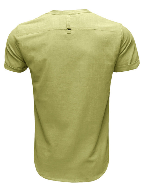 Men's woven solid color short-sleeved cotton and linen shirt kakaclo