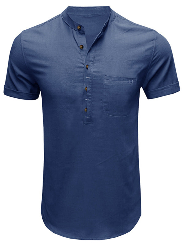 Men's woven solid color short-sleeved cotton and linen shirt kakaclo