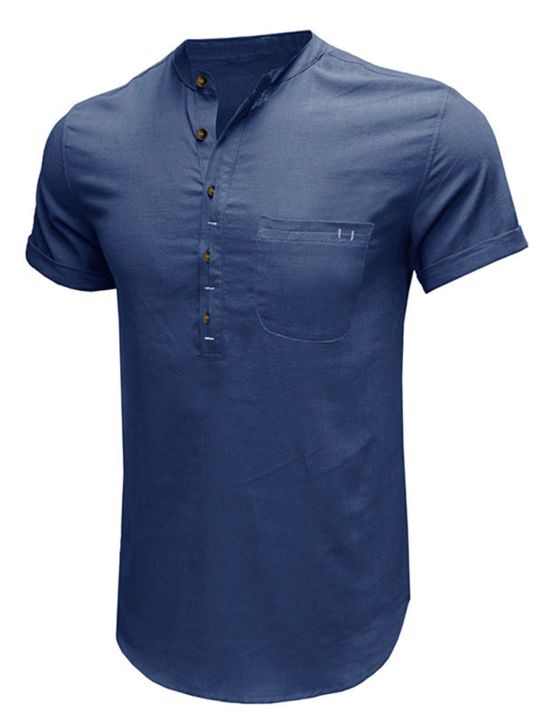 Men's woven solid color short-sleeved cotton and linen shirt kakaclo