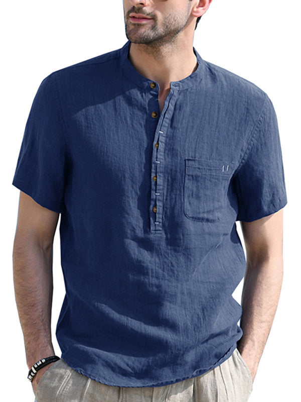 Men's woven solid color short-sleeved cotton and linen shirt kakaclo