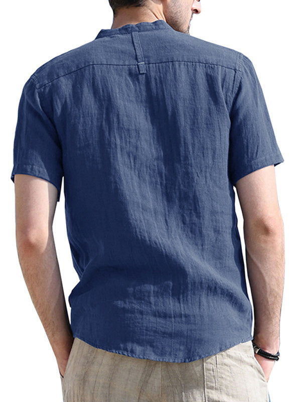 Men's woven solid color short-sleeved cotton and linen shirt kakaclo