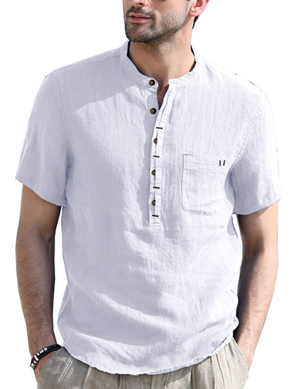 Men's woven solid color short-sleeved cotton and linen shirt kakaclo