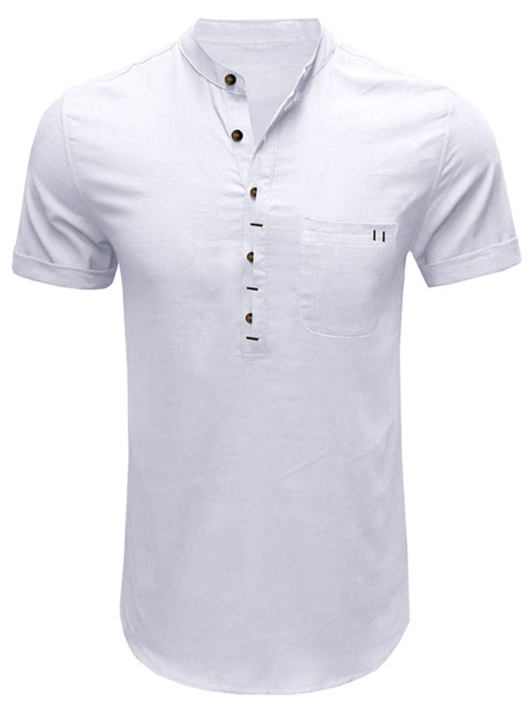 Men's woven solid color short-sleeved cotton and linen shirt kakaclo