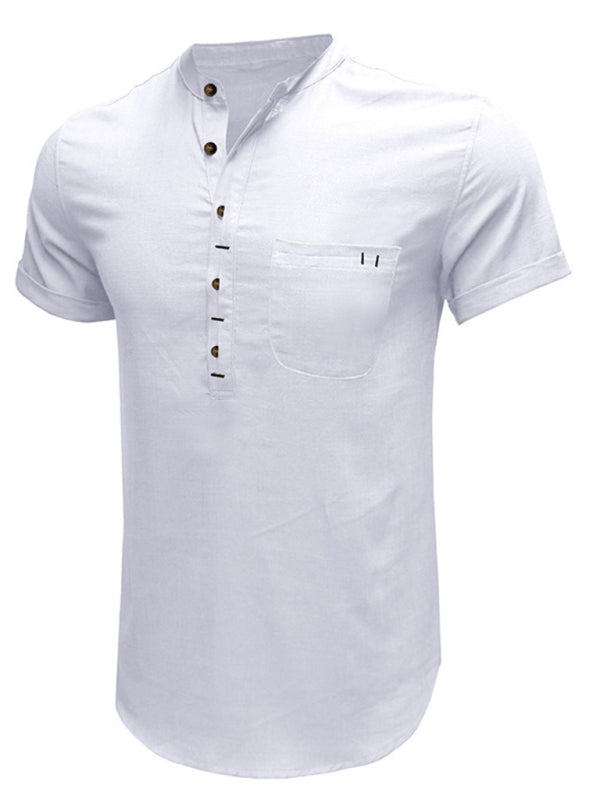 Men's woven solid color short-sleeved cotton and linen shirt kakaclo