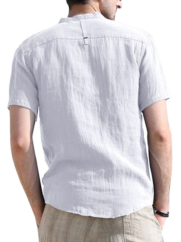 Men's woven solid color short-sleeved cotton and linen shirt kakaclo