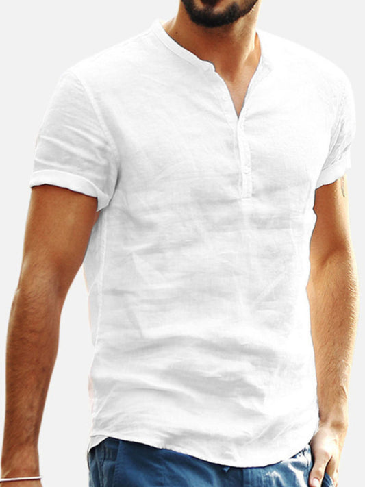 Men's Stand Collar Short Sleeve V Neck Cotton Linen Shirt kakaclo