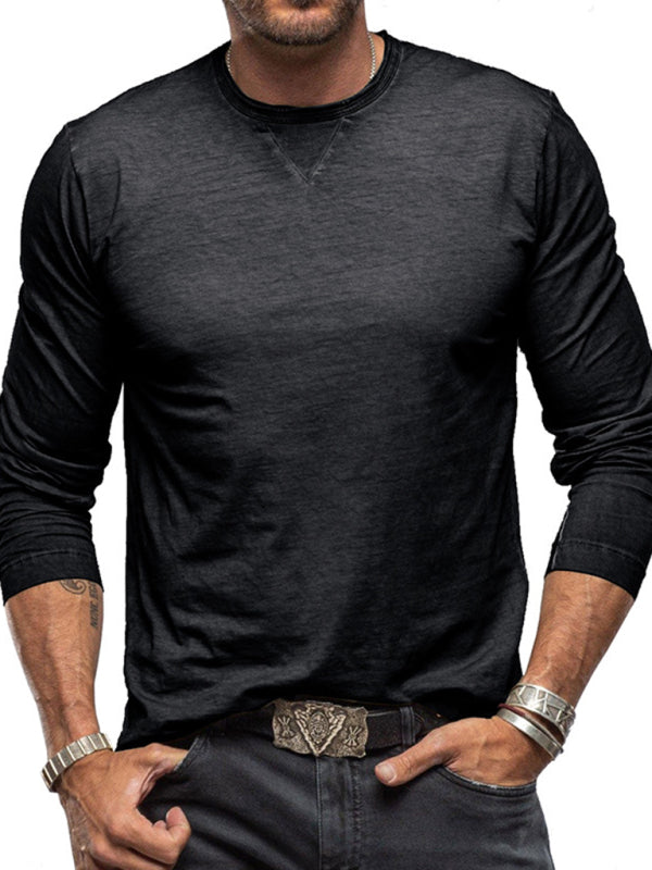 Men's new solid color round neck long sleeve cotton t-shirt kakaclo