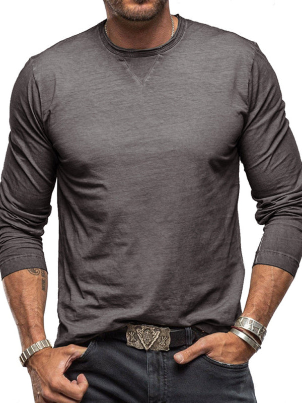 Men's new solid color round neck long sleeve cotton t-shirt kakaclo