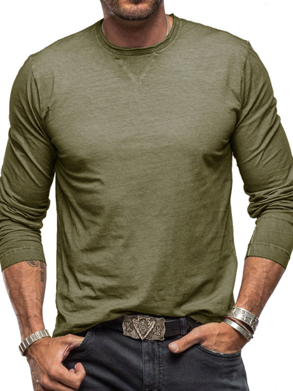 Men's new solid color round neck long sleeve cotton t-shirt kakaclo